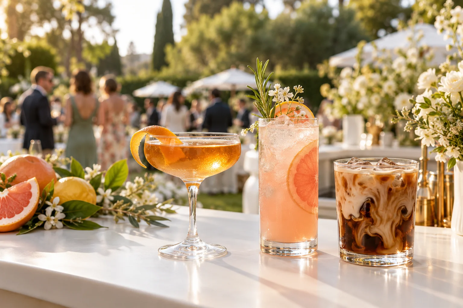 Elegant cocktails, a colorful zero-proof drink and iced coffee at a garden event bar